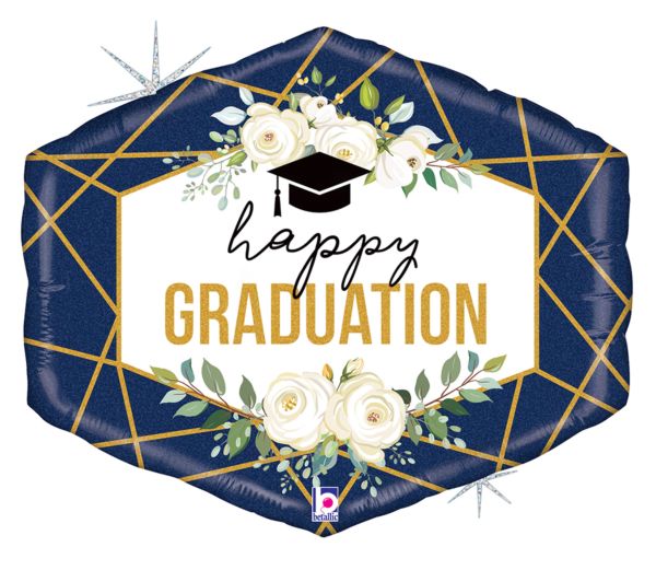 Navy blue hexagonal foil balloon with gold geometric lines, white roses, green leaves, and "happy GRADUATION" text with a mortarboard cap icon.