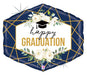 Navy blue hexagonal foil balloon with gold geometric lines, white roses, green leaves, and "happy GRADUATION" text with a mortarboard cap icon.