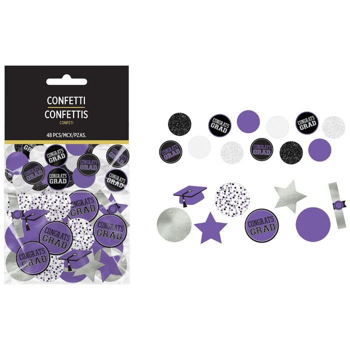 Package of 48 graduation confetti pieces in purple, black, white, and silver featuring mortarboard caps, stars, circles, and "Congrats Grad" text decorations.