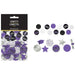 Package of 48 graduation confetti pieces in purple, black, white, and silver featuring mortarboard caps, stars, circles, and "Congrats Grad" text decorations.