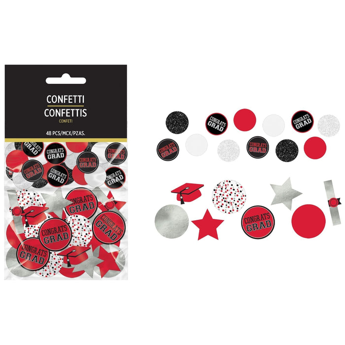 Package of 48 red, black, white, and silver graduation confetti pieces including circles with "Congrats Grad" text, stars, mortarboard caps, and polka dot patterns.
