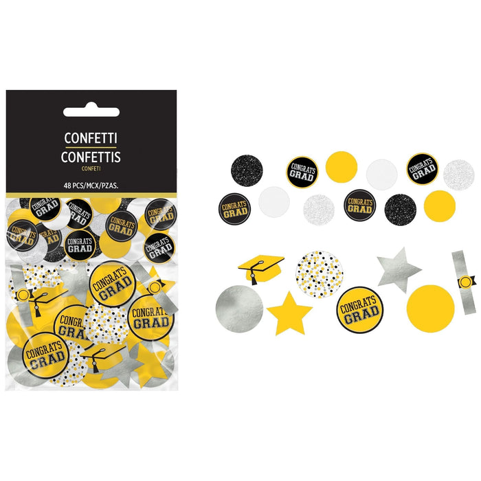 Graduation confetti pack containing 48 pieces in yellow, black, white, and silver, including circles with "Congrats Grad" text, stars, and mortarboard shapes.