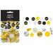 Graduation confetti pack containing 48 pieces in yellow, black, white, and silver, including circles with "Congrats Grad" text, stars, and mortarboard shapes.