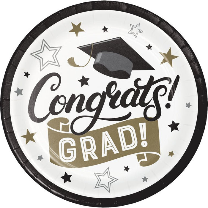 Round white paper plates with black rim featuring "Congrats Grad" text, a black graduation cap, gold and black stars, and a gold banner, 9 inches, set of 8.