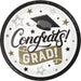 Round white paper plates with black rim featuring "Congrats Grad" text, a black graduation cap, gold and black stars, and a gold banner, 9 inches, set of 8.