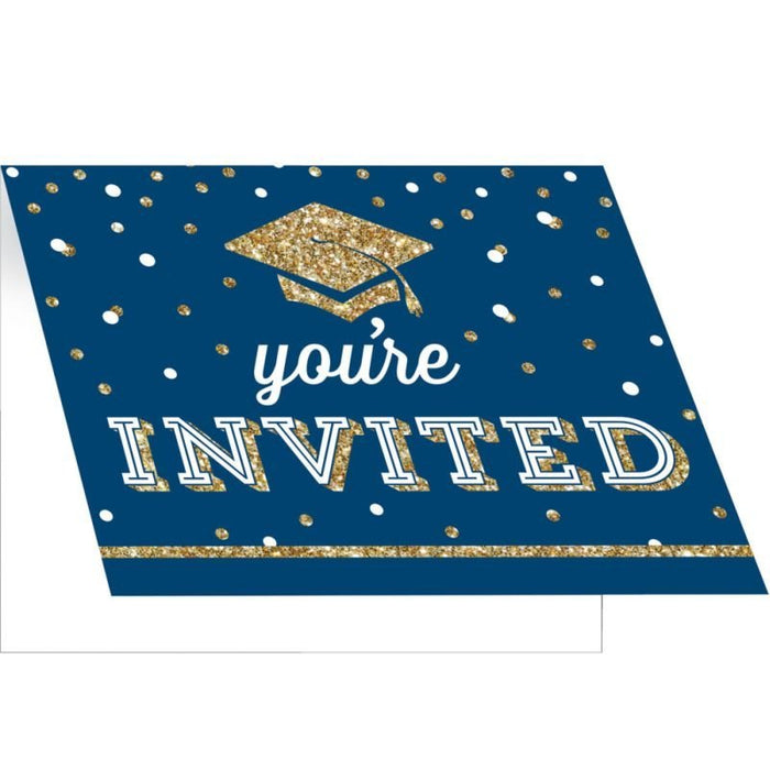 Navy blue graduation invitation card with gold glitter mortarboard cap, white and gold confetti dots, and white text reading "you're invited" with a gold horizontal stripe accent line.