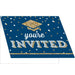 Navy blue graduation invitation card with gold glitter mortarboard cap, white and gold confetti dots, and white text reading "you're invited" with a gold horizontal stripe accent line.