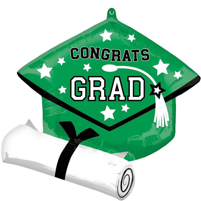 Green foil balloon shaped like a graduation cap with white stars, "CONGRATS GRAD" text, a tassel, and a rolled white diploma with black ribbon tied around it.