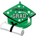 Green foil balloon shaped like a graduation cap with white stars, "CONGRATS GRAD" text, a tassel, and a rolled white diploma with black ribbon tied around it.