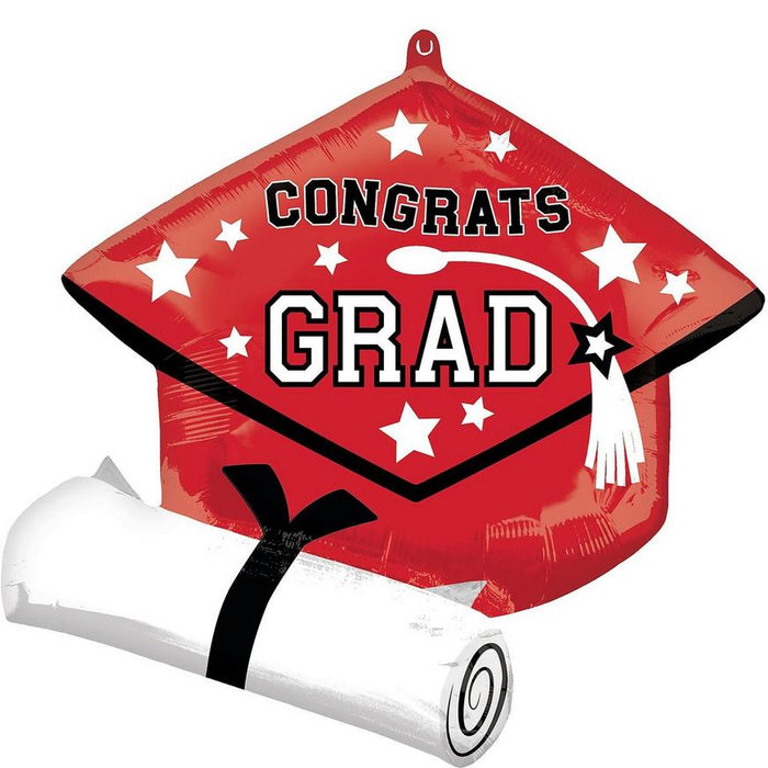 Red foil balloon shaped like a graduation cap with white stars, black trim, and white tassel, accompanied by a white diploma scroll tied with a black ribbon.
