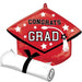 Red foil balloon shaped like a graduation cap with white stars, black trim, and white tassel, accompanied by a white diploma scroll tied with a black ribbon.