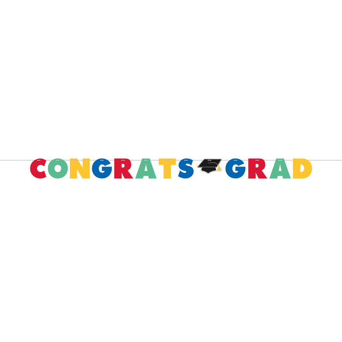 Colorful letter banner reading "CONGRATS GRAD" with a black graduation cap icon replacing one letter, displayed horizontally against a white background.
