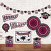 Maroon and black graduation decoration set includes a "Congrats" banner with mortarboard cutouts, two large paper fan decorations, two "Congrats Grad" boxes, and various themed cutouts and stickers on white brick background.