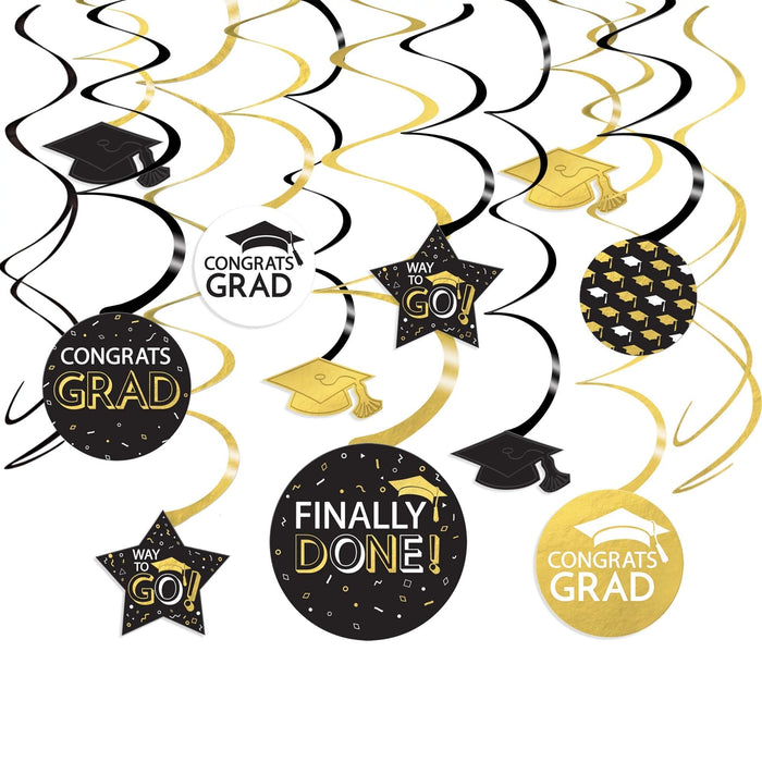 Black, gold, and white graduation hanging swirls with decorative medallions featuring mortarboard caps and celebratory text including "Congrats Grad," "Way to Go," and "Finally Done," totaling 14 pieces.