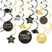 Black, gold, and white graduation hanging swirls with decorative medallions featuring mortarboard caps and celebratory text including "Congrats Grad," "Way to Go," and "Finally Done," totaling 14 pieces.