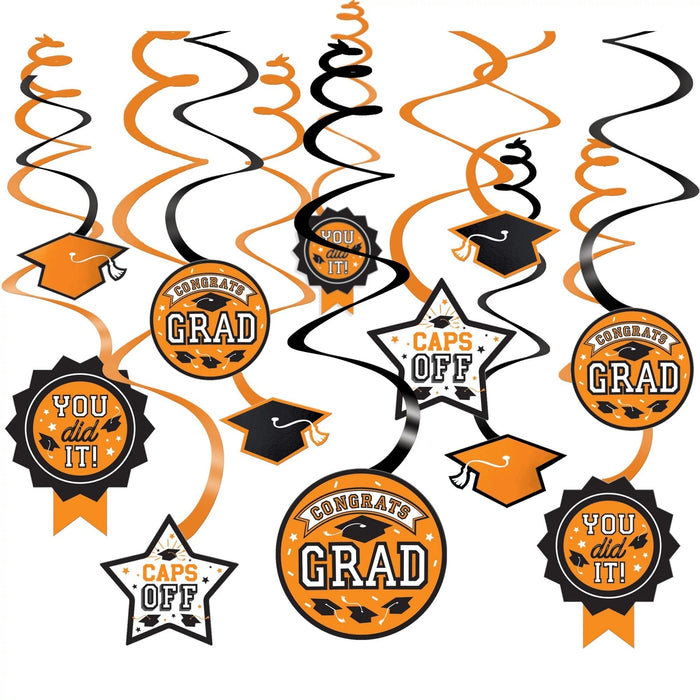 Orange and black graduation-themed hanging swirl decorations with caps, stars, and circular medallions printed with congratulations messages in a 12-piece set.
