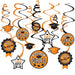 Orange and black graduation-themed hanging swirl decorations with caps, stars, and circular medallions printed with congratulations messages in a 12-piece set.