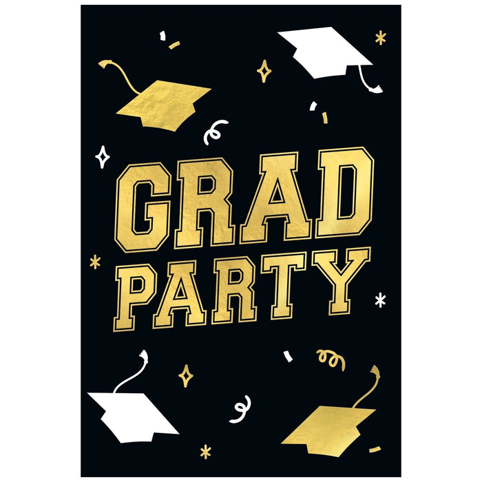 Black graduation party invitation card with gold outlined "GRAD PARTY" text, gold and white mortarboard caps, stars, and confetti decorations throughout.