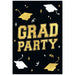 Black graduation party invitation card with gold outlined "GRAD PARTY" text, gold and white mortarboard caps, stars, and confetti decorations throughout.