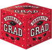 Red cubic card holder box with "Congrats Grad" text, mortarboard icons, and star confetti design on all visible sides.