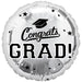 White and silver mylar balloon with black text reading "Congrats GRAD" surrounded by a graduation cap icon and decorative stars and dashes around the scalloped edge.