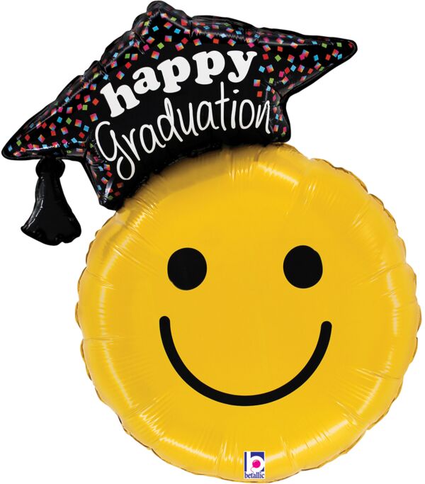 Yellow smiley face mylar balloon with black graduation cap on top and "happy graduation" text, 26 inches.