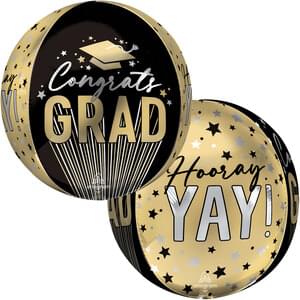 Two gold and black round mylar balloons with "Congrats Grad" and "Hooray Yay" text and star designs displayed side by side.