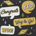 Black napkin with gold and white speech bubbles containing "Congrats," "Yes!," "Way to Go!," and "Woo!" text, plus graduation cap icons and decorative stars.