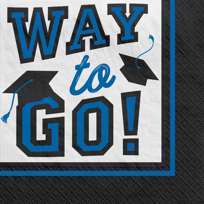 White beverage napkin with bold blue and black text reading "WAY to GO!" decorated with two black graduation caps with blue tassels.