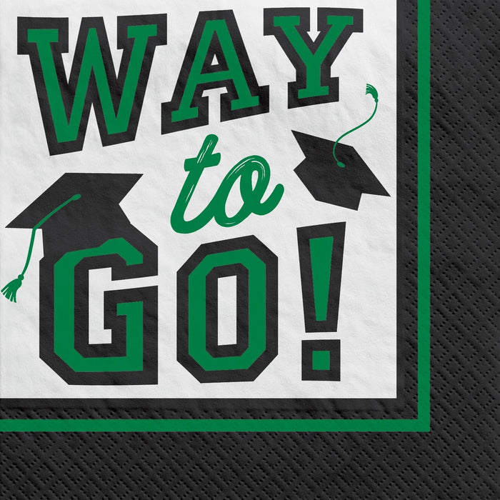 White napkin with green and black text reading "WAY to GO" and graduation cap icons, bordered in green and black.