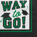 White napkin with green and black text reading "WAY to GO" and graduation cap icons, bordered in green and black.