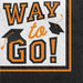 Black and white beverage napkin with large orange text reading "WAY to GO" and two black graduation caps with orange tassels in the corners.