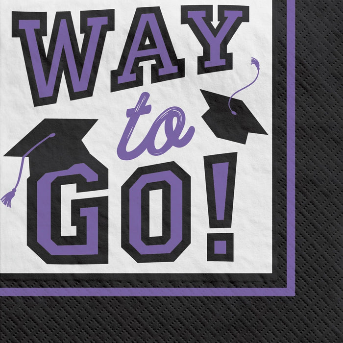 Purple and black "Way to Go!" graduation napkins with mortarboard cap designs and purple trim border on white background.