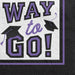 Purple and black "Way to Go!" graduation napkins with mortarboard cap designs and purple trim border on white background.