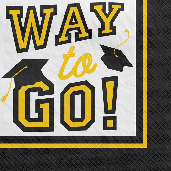 Yellow and black graduation-themed beverage napkins featuring "WAY to GO!" text with mortarboard caps and tassel designs on a white background.