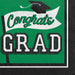 Green napkins with "Congrats GRAD" text in white and green lettering, featuring a graduation cap illustration and banner design.