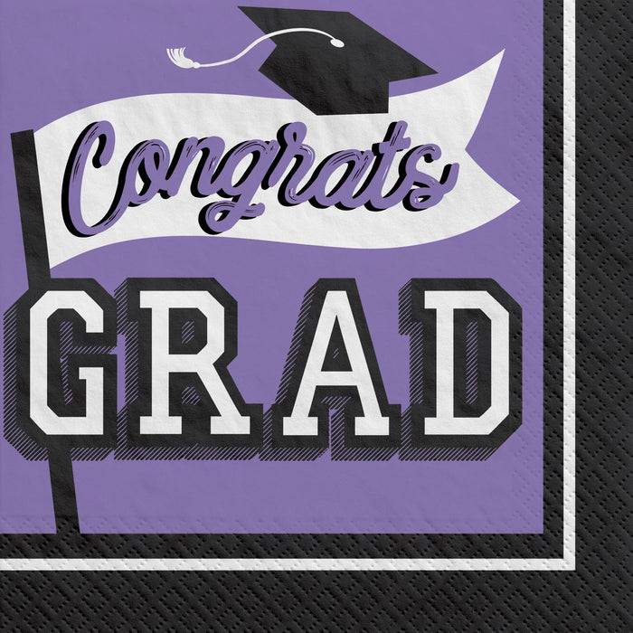 Purple luncheon napkins with "Congrats GRAD" text, a graduation cap, and white banner design on black and purple background.
