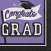 Purple luncheon napkins with "Congrats GRAD" text, a graduation cap, and white banner design on black and purple background.