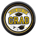 Black and gold bordered round paper plates with white center featuring yellow "GRAD" text, graduation caps, and diploma illustrations with "You Did It" banner text.