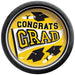 Yellow paper plate with black rim featuring "CONGRATS GRAD" text, graduation caps, and diplomas in black and white accents.