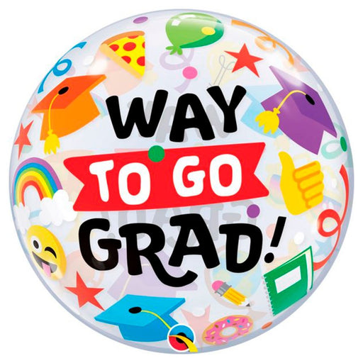 Clear bubble balloon with "Way To Go Grad!" text on red banner, decorated with colorful graduation-themed icons including mortarboards, balloons, stars, rainbow, and confetti.