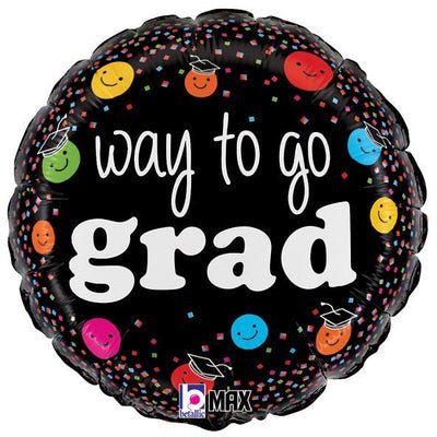 Black round mylar balloon featuring "way to go grad" in white text surrounded by colorful smiley face designs and confetti pattern.