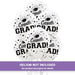 Bundle of 15 white latex balloons printed with black "Congrats Grad" text, graduation caps, and stars throughout, arranged in a clustered display.