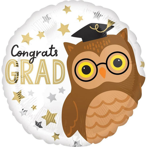 White round mylar balloon featuring a brown owl wearing glasses and a graduation cap, surrounded by gold and silver stars, with "Congrats GRAD" text in gold lettering.