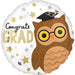 White round mylar balloon featuring a brown owl wearing glasses and a graduation cap, surrounded by gold and silver stars, with "Congrats GRAD" text in gold lettering.