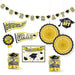 Yellow and black graduation party decoration set with banner, pennants, paper fans, caps, and congratulations signs arranged on white background.