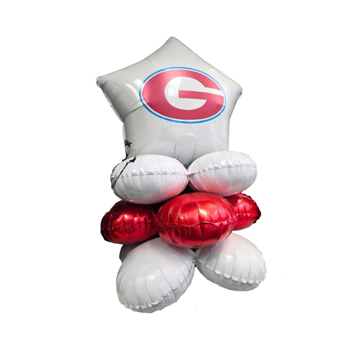Stacked air-filled foil balloons in white, pink, and red with a large white star-shaped balloon on top featuring a red oval logo with a white "G" and blue border.