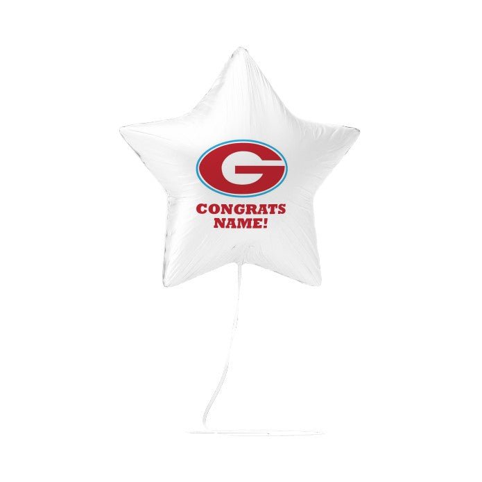 White star-shaped foil balloon with a red "G" logo and "CONGRATS NAME!" text in red, attached to a string.