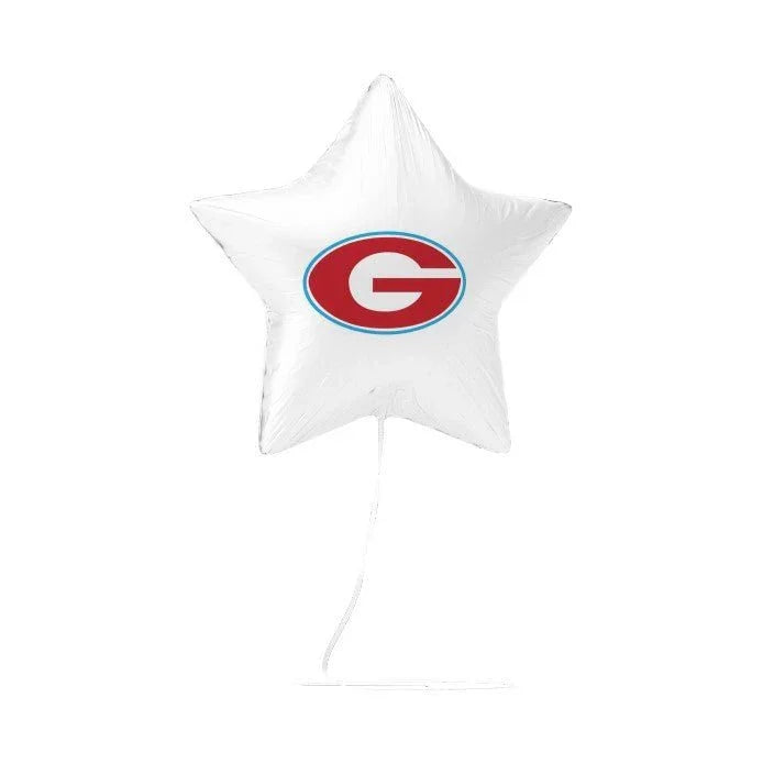 White star-shaped mylar balloon with a red oval logo containing the letter G and blue outline, attached to a string.