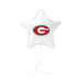 White star-shaped mylar balloon with a red oval logo containing the letter G and blue outline, attached to a string.
